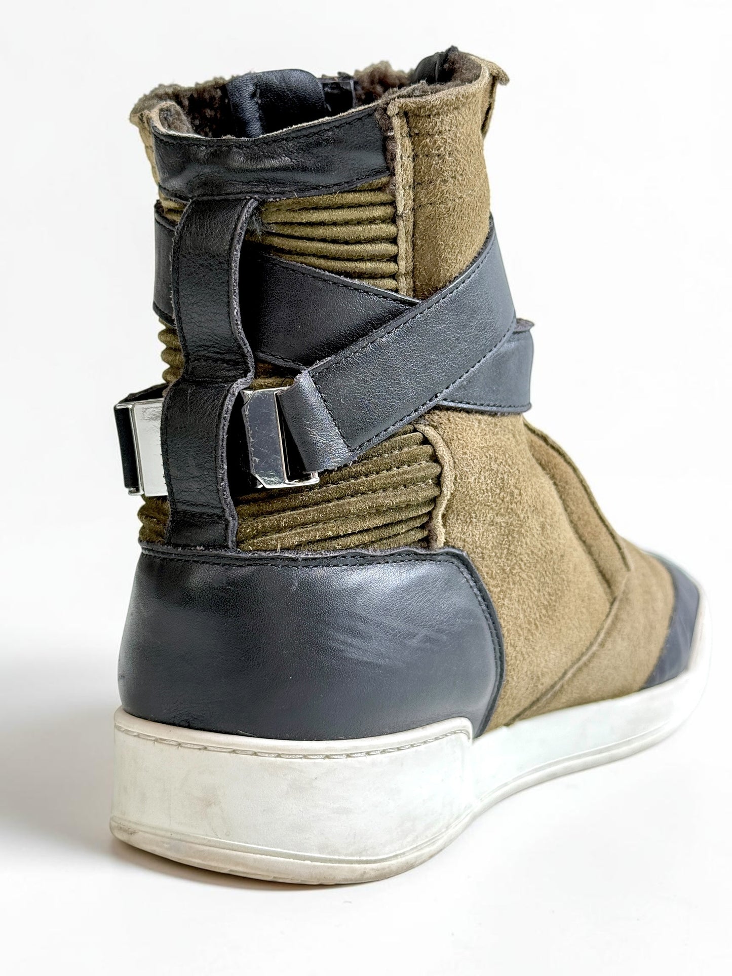 Balmain Shearling/Leather Strap High-Tops Olive (44)