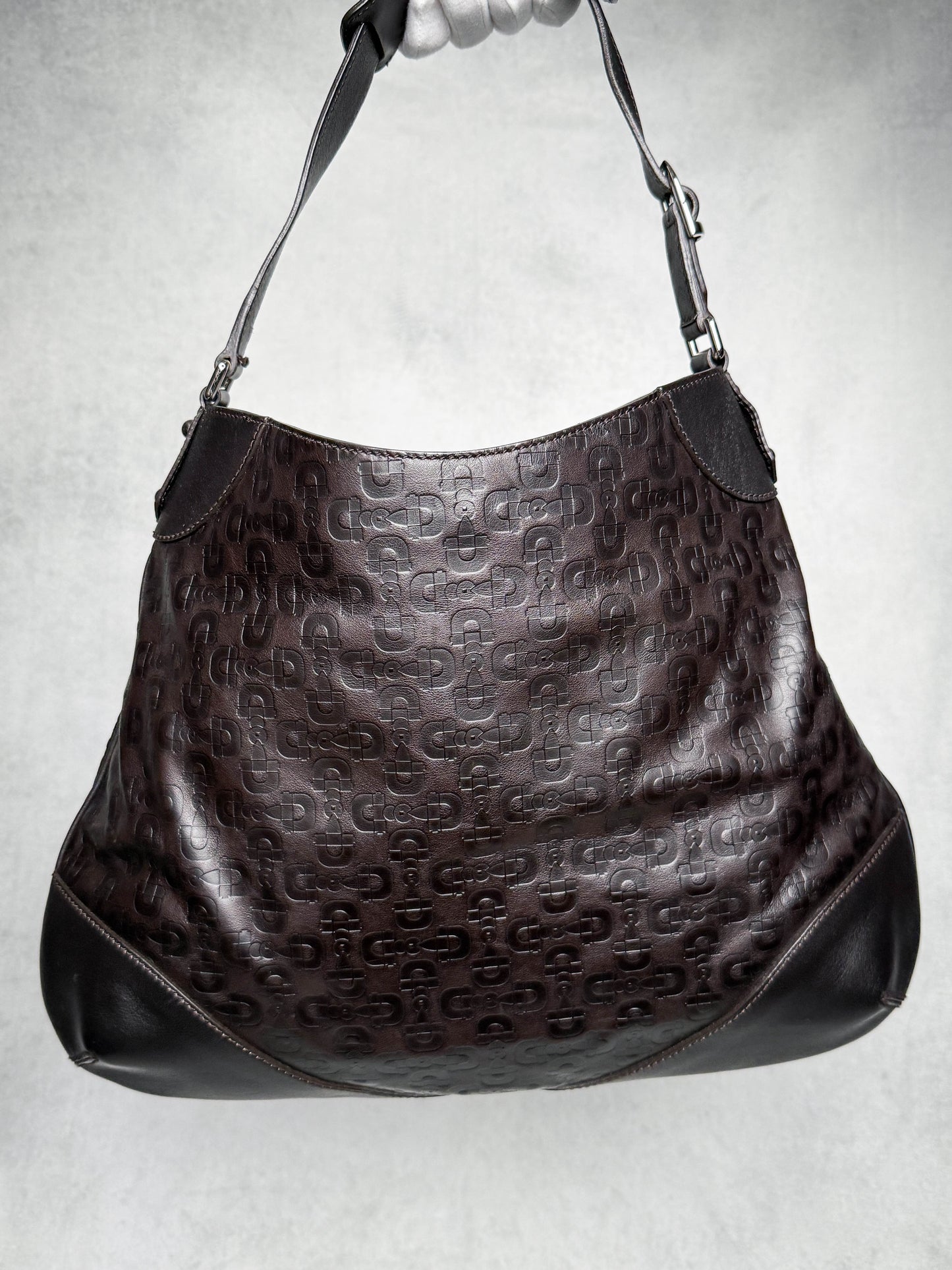 Gucci Horsebit Embossed Leather Hobo Bag Dark Brown