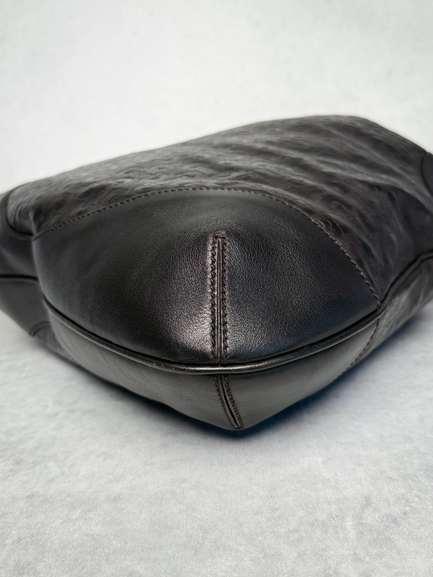 Gucci Horsebit Embossed Leather Hobo Bag Dark Brown