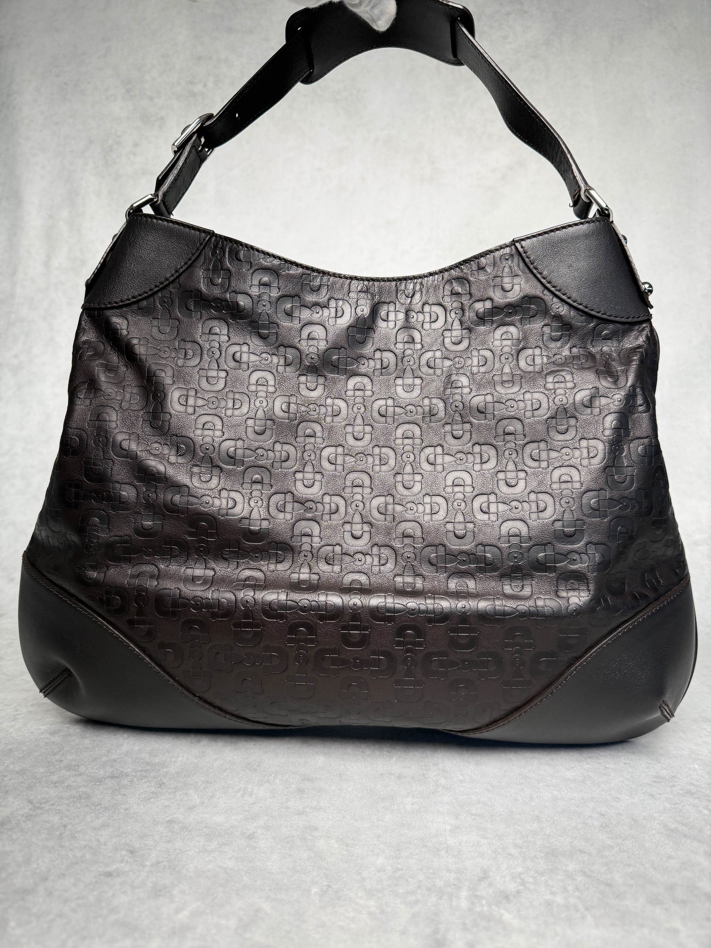 Gucci Horsebit Embossed Leather Hobo Bag Dark Brown