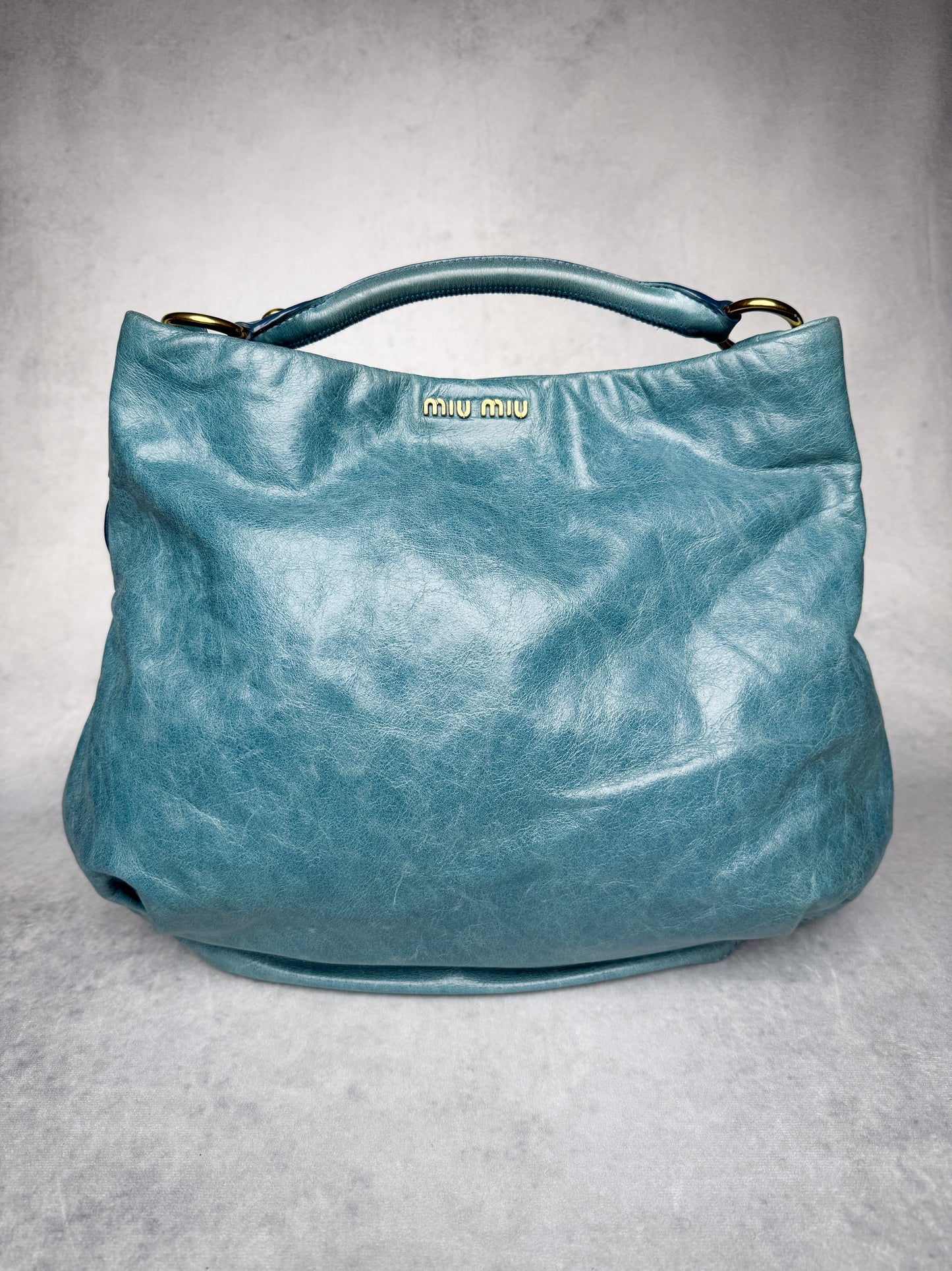 Miu Miu Vitello Lux Leather Hobo Bag Turqoise