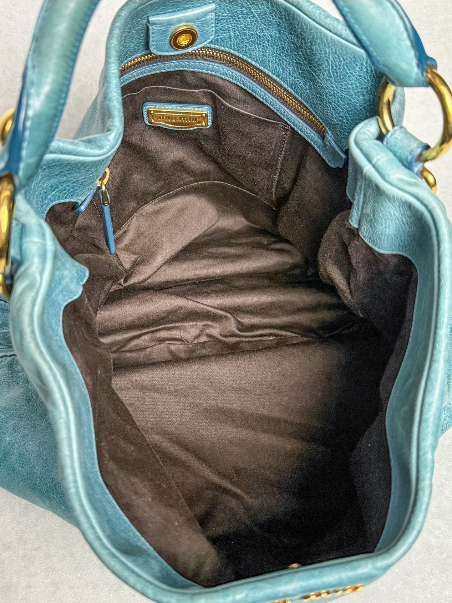 Miu Miu Vitello Lux Leather Hobo Bag Turqoise