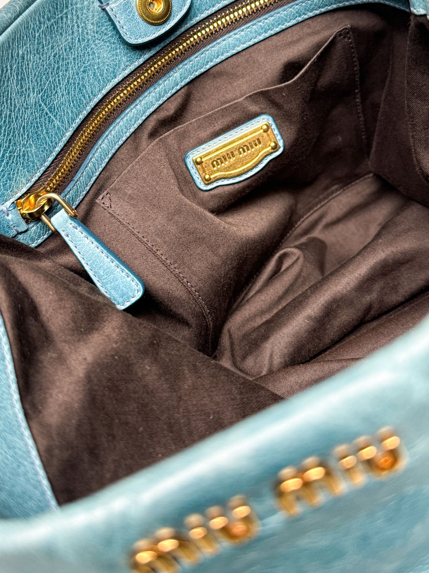 Miu Miu Vitello Lux Leather Hobo Bag Turqoise