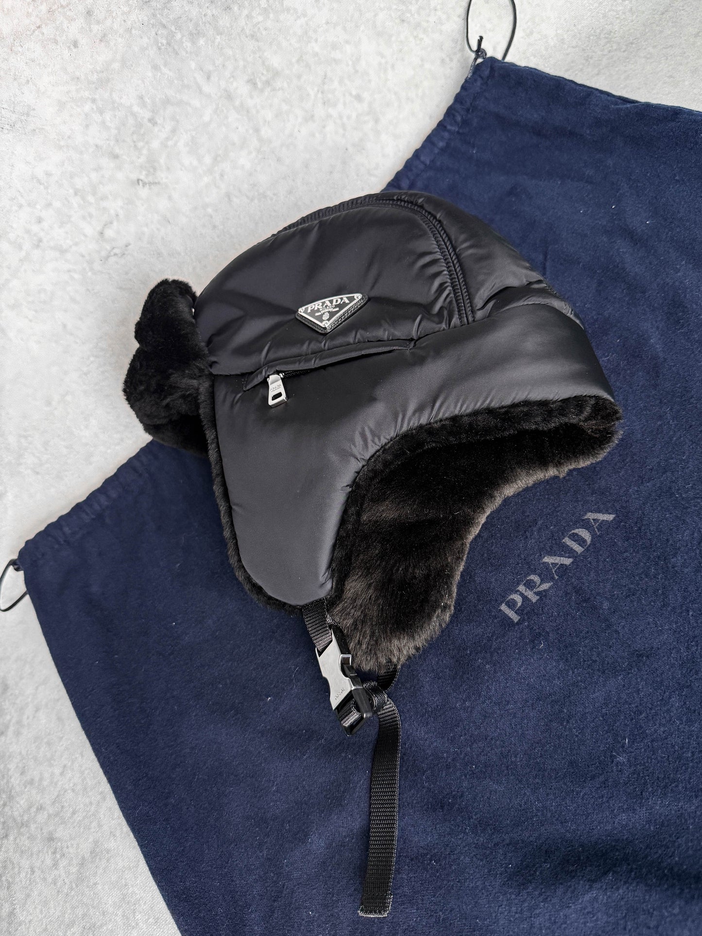 Prada Logo Shield Trapper Hat Nylon/Fur