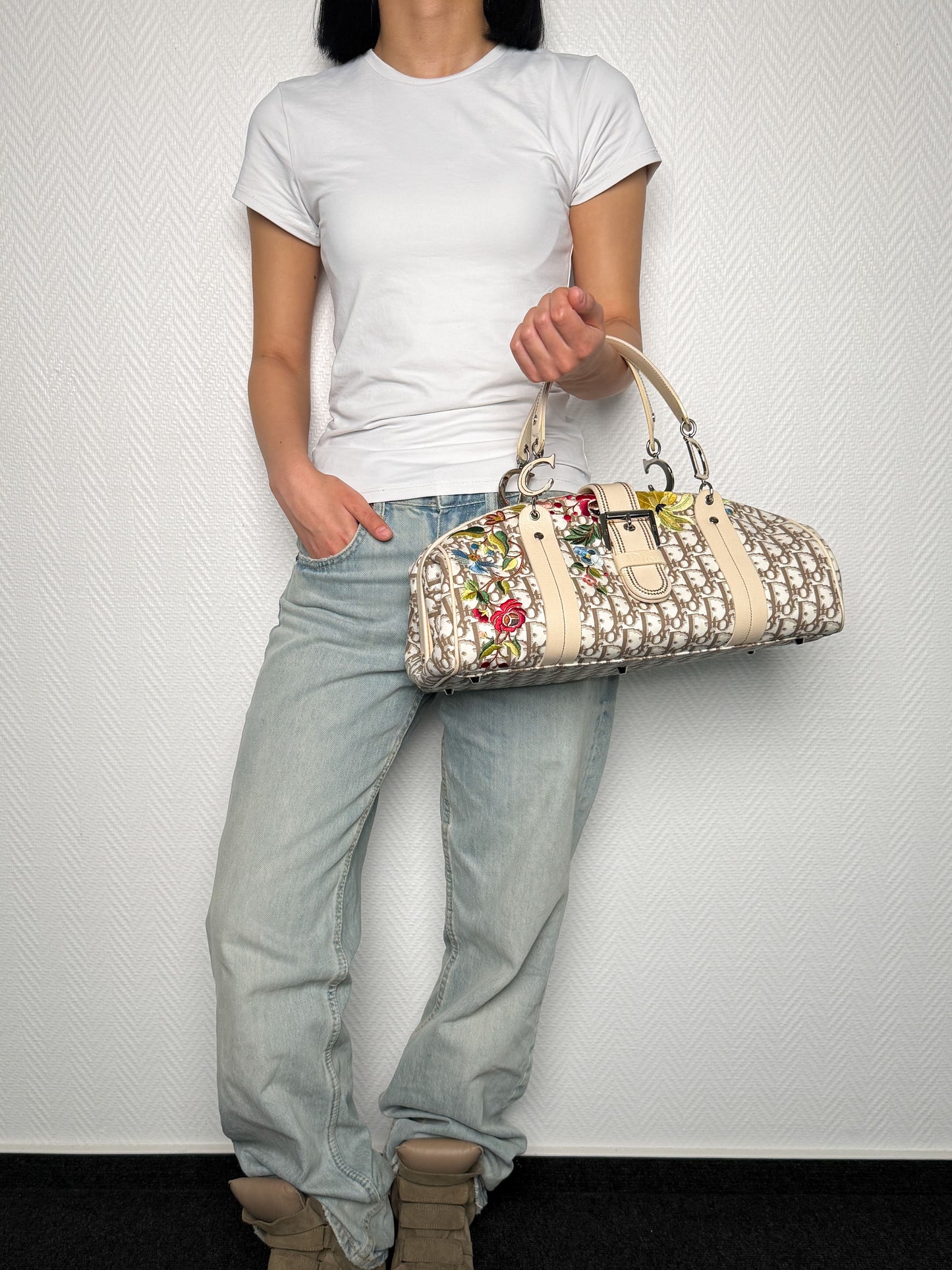 Dior 2005 Diorissimo Floral Embroidered Trotter Bag