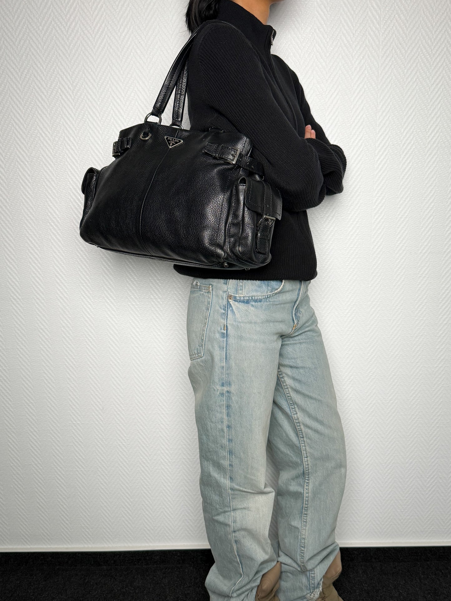 Prada Vitello Daino Black Leather Tote Bag