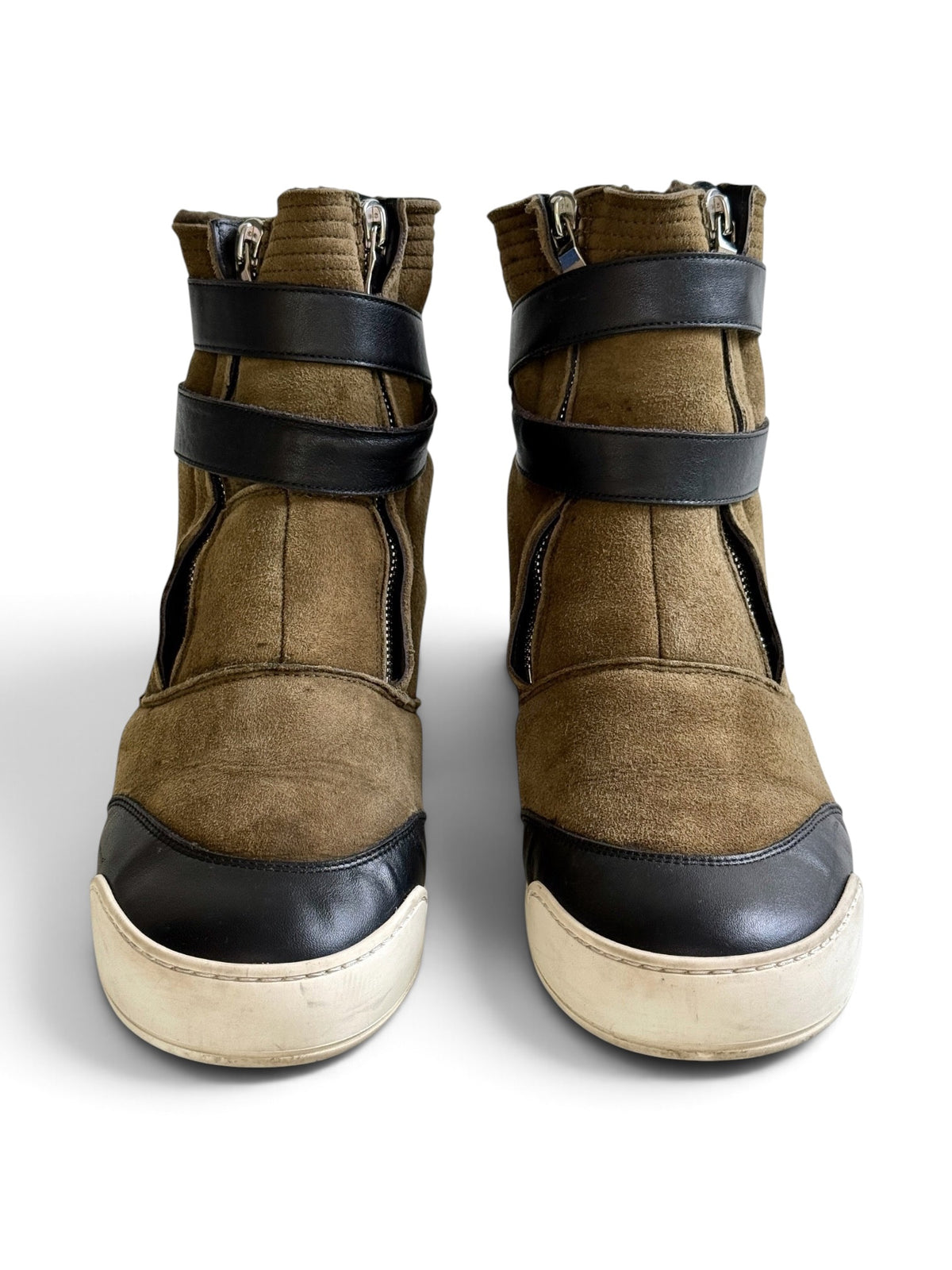 Balmain Shearling/Leather Strap High-Tops Olive (44)