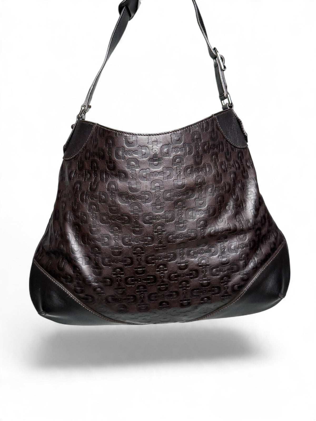 Gucci Horsebit Embossed Leather Hobo Bag Dark Brown