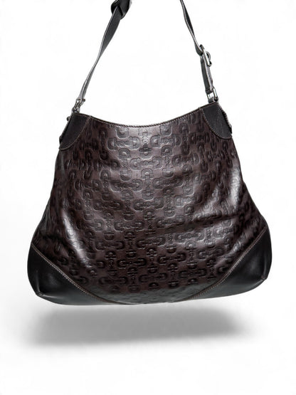 Gucci Horsebit Embossed Leather Hobo Bag Dark Brown