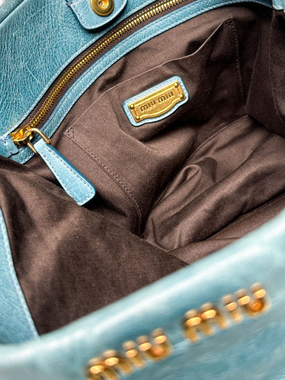 Miu Miu Vitello Lux Leather Hobo Bag Turqoise