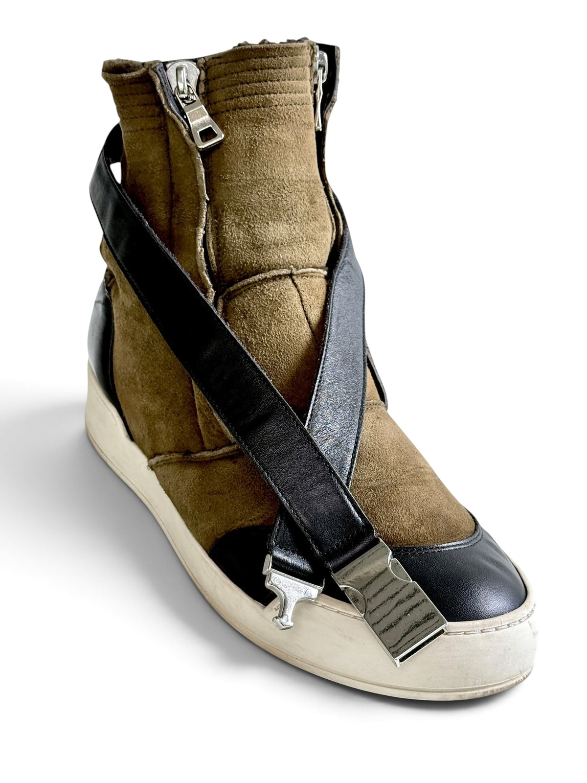 Balmain Shearling/Leather Strap High-Tops Olive (44)