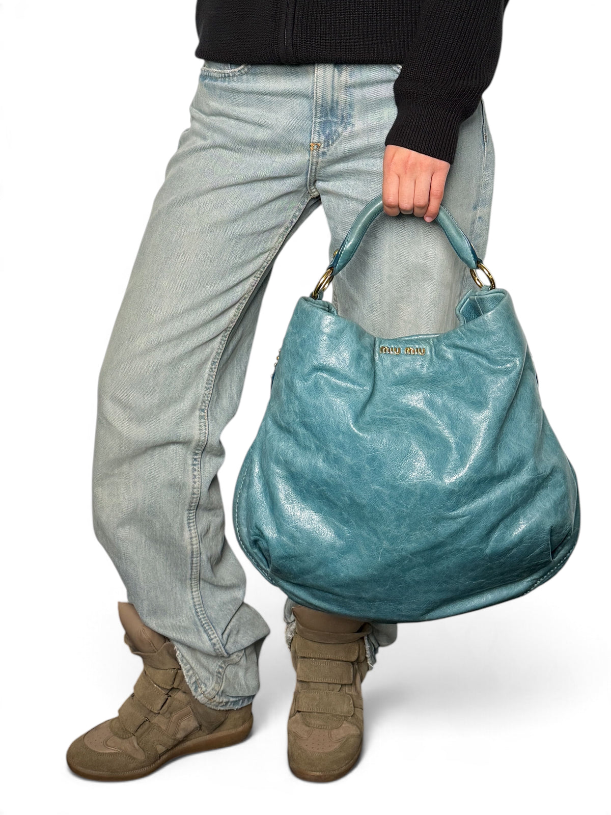 Miu Miu Vitello Lux Leather Hobo Bag Turqoise