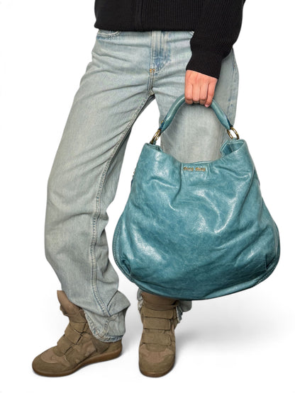Miu Miu Vitello Lux Leather Hobo Bag Turqoise