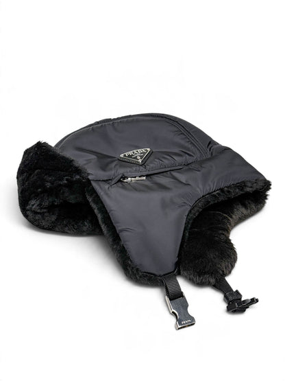 Prada Logo Shield Trapper Hat Nylon/Fur