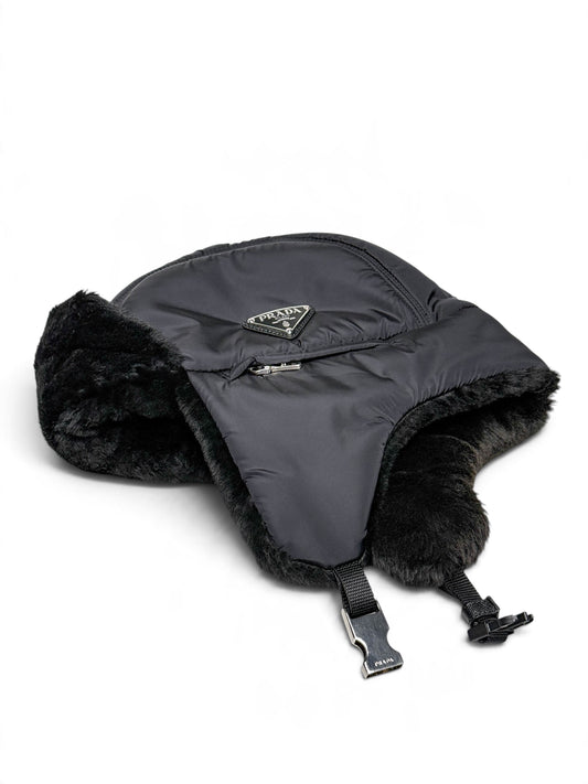 Prada Logo Shield Trapper Hat Nylon/Fur