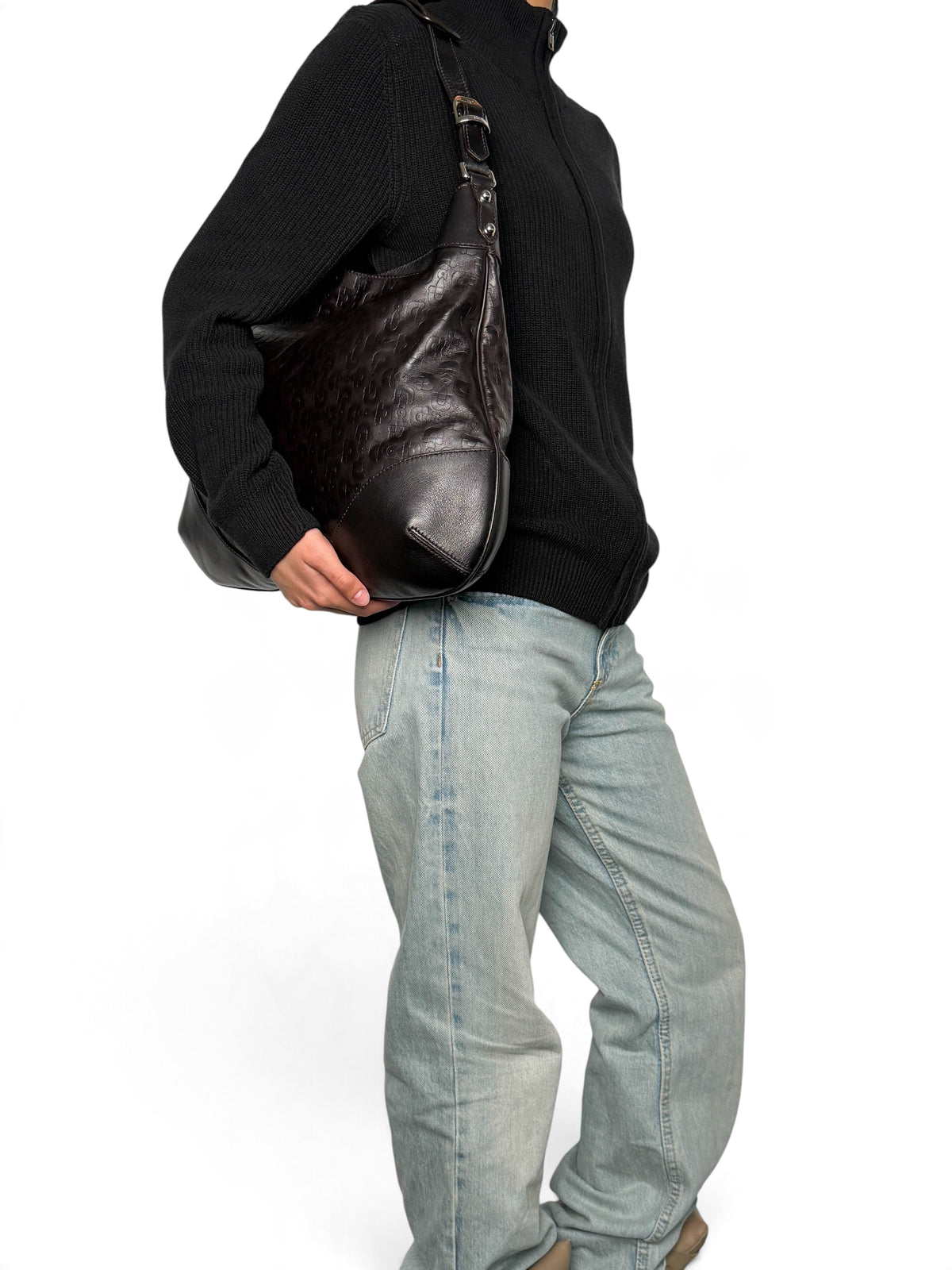 Gucci Horsebit Embossed Leather Hobo Bag Dark Brown