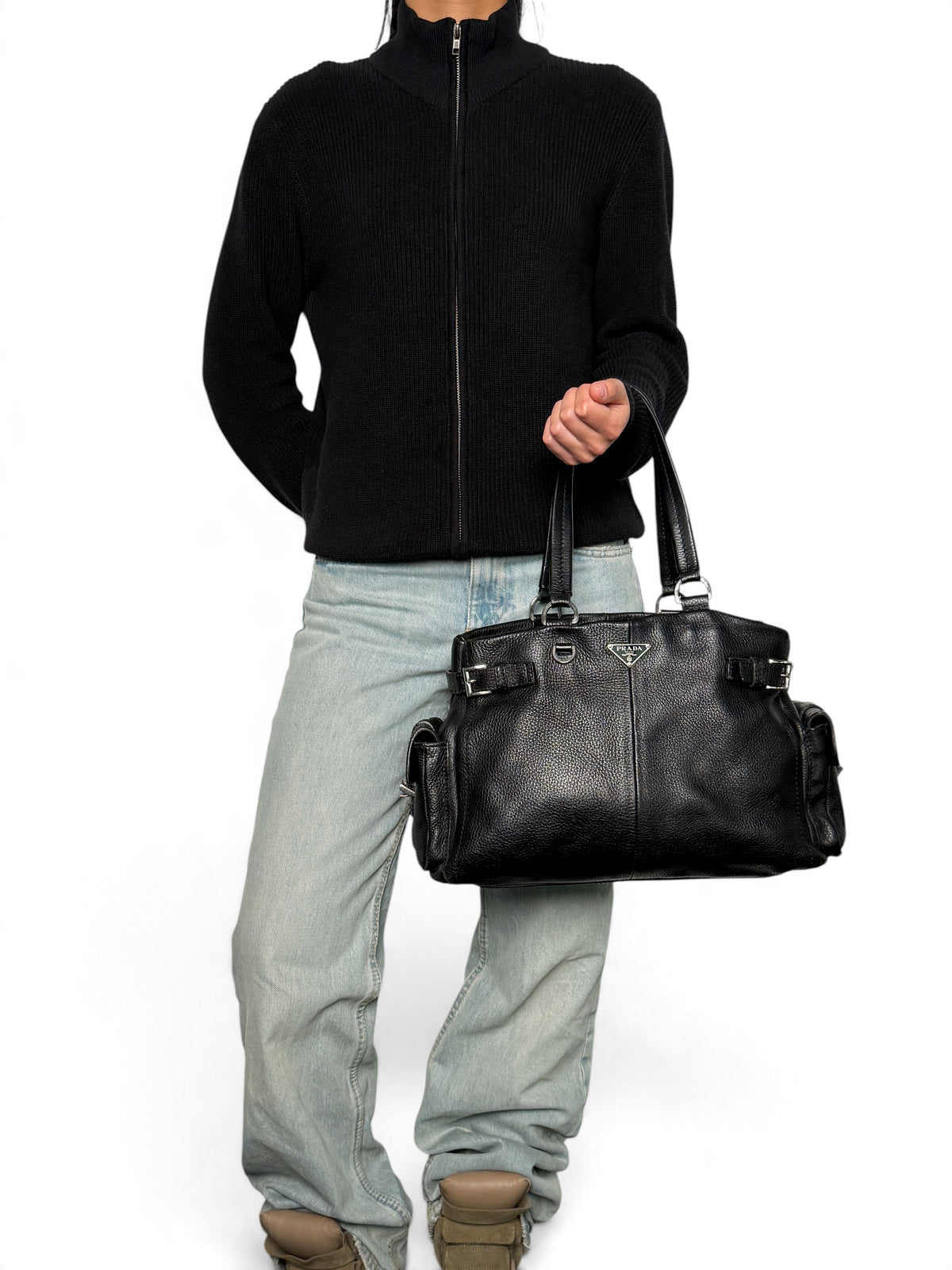 Prada Vitello Daino Black Leather Tote Bag