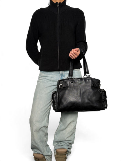 Prada Vitello Daino Black Leather Tote Bag