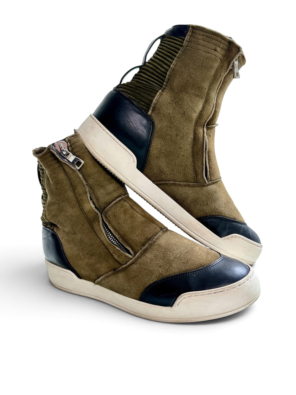 Balmain Shearling/Leather Strap High-Tops Olive (44)