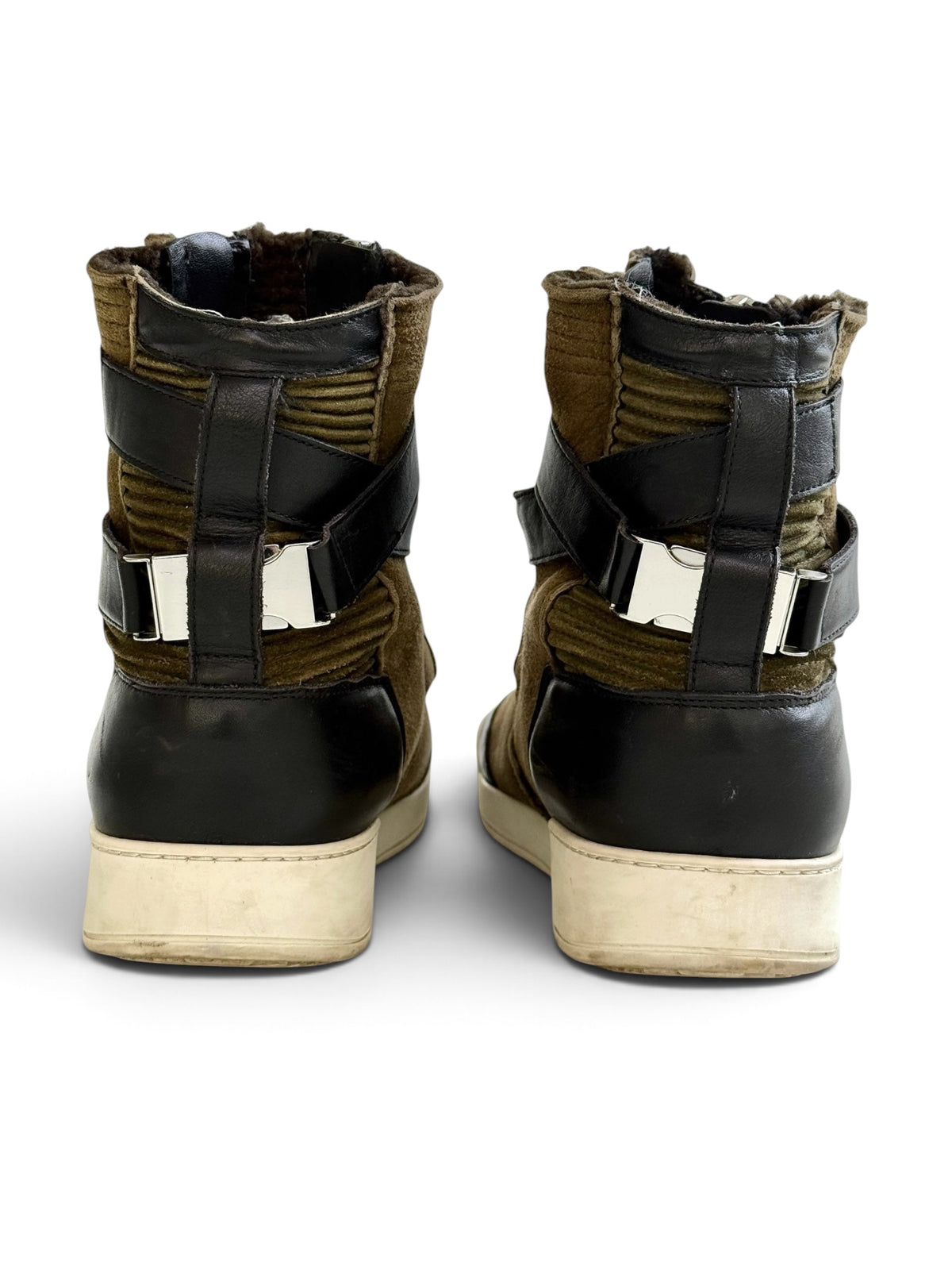 Balmain Shearling/Leather Strap High-Tops Olive (44)