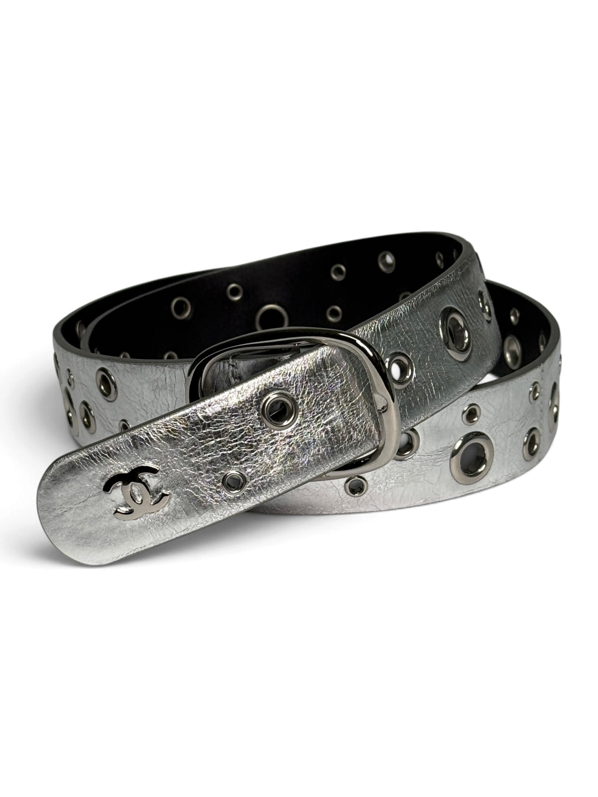 Chanel Metallic Silver Leather Eyelet Belt