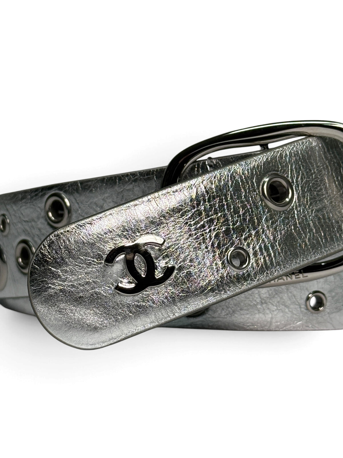 Chanel Metallic Silver Leather Eyelet Belt