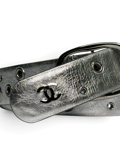 Chanel Metallic Silver Leather Eyelet Belt