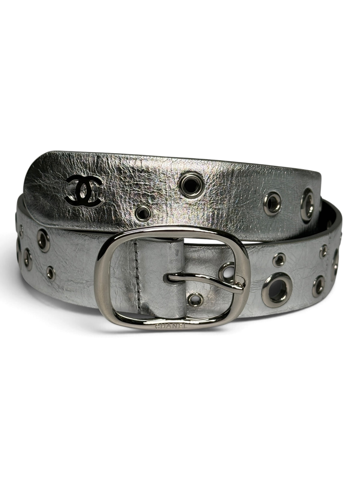 Chanel Metallic Silver Leather Eyelet Belt