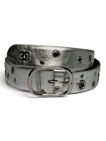 Chanel Metallic Silver Leather Eyelet Belt