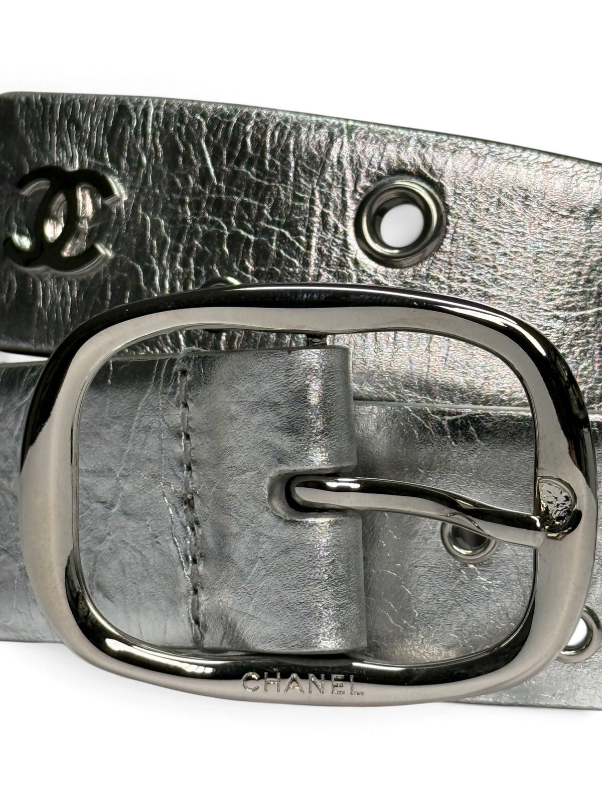 Chanel Metallic Silver Leather Eyelet Belt