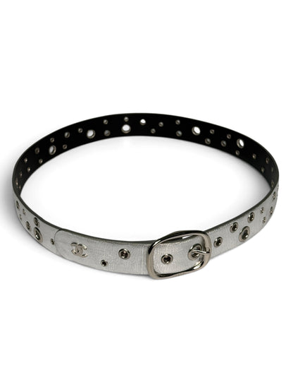 Chanel Metallic Silver Leather Eyelet Belt