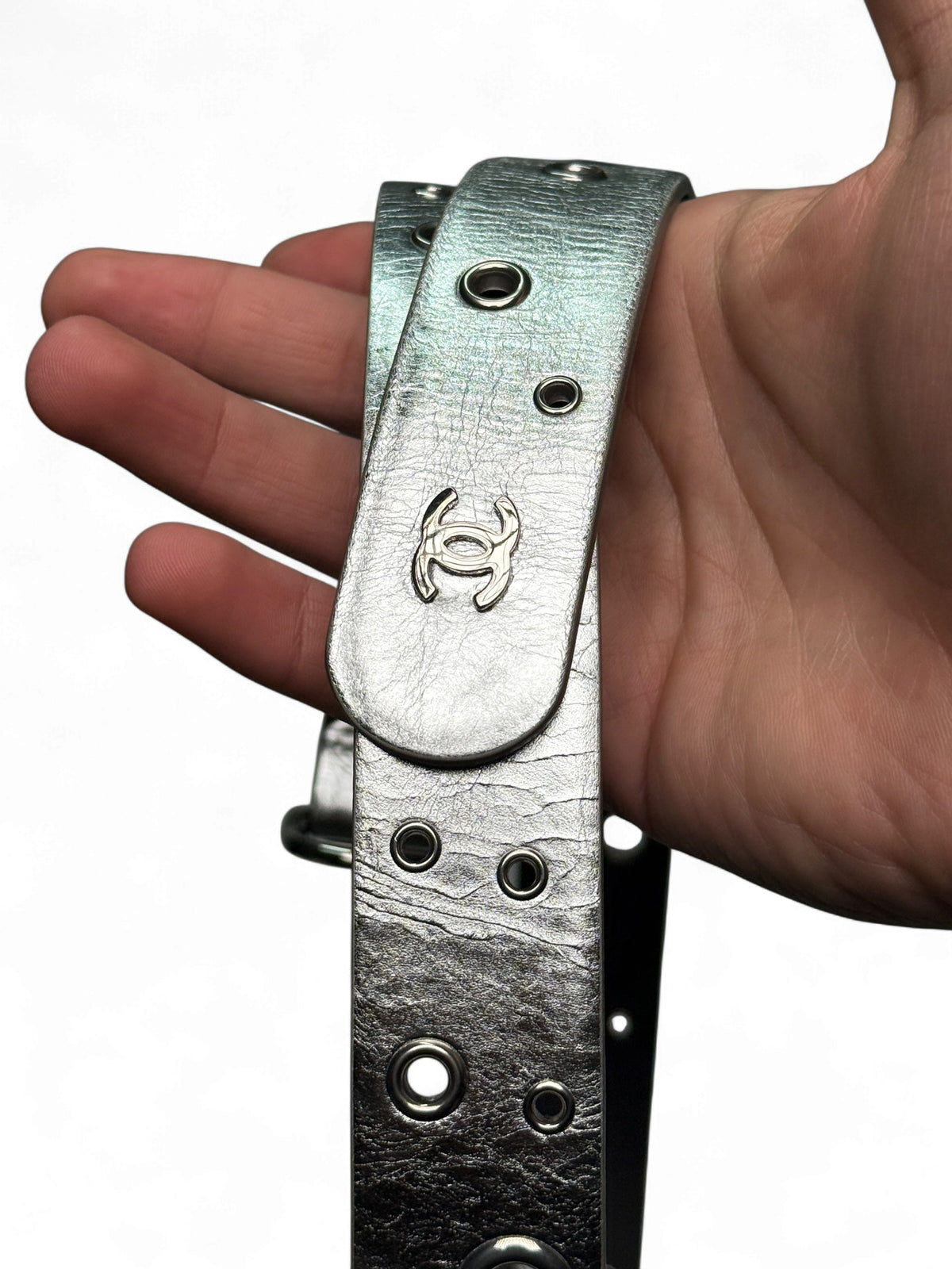 Chanel Metallic Silver Leather Eyelet Belt