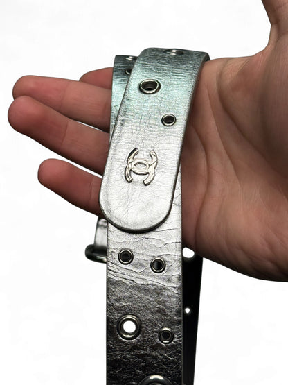 Chanel Metallic Silver Leather Eyelet Belt