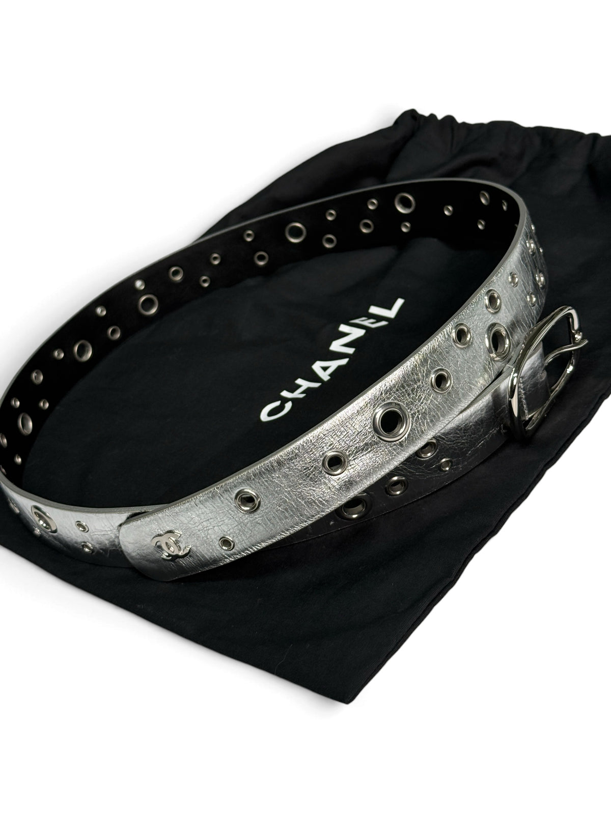Chanel Metallic Silver Leather Eyelet Belt