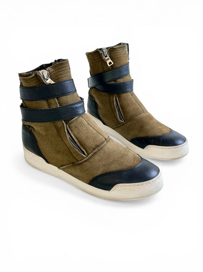 Balmain Shearling/Leather Strap High-Tops Olive (44)