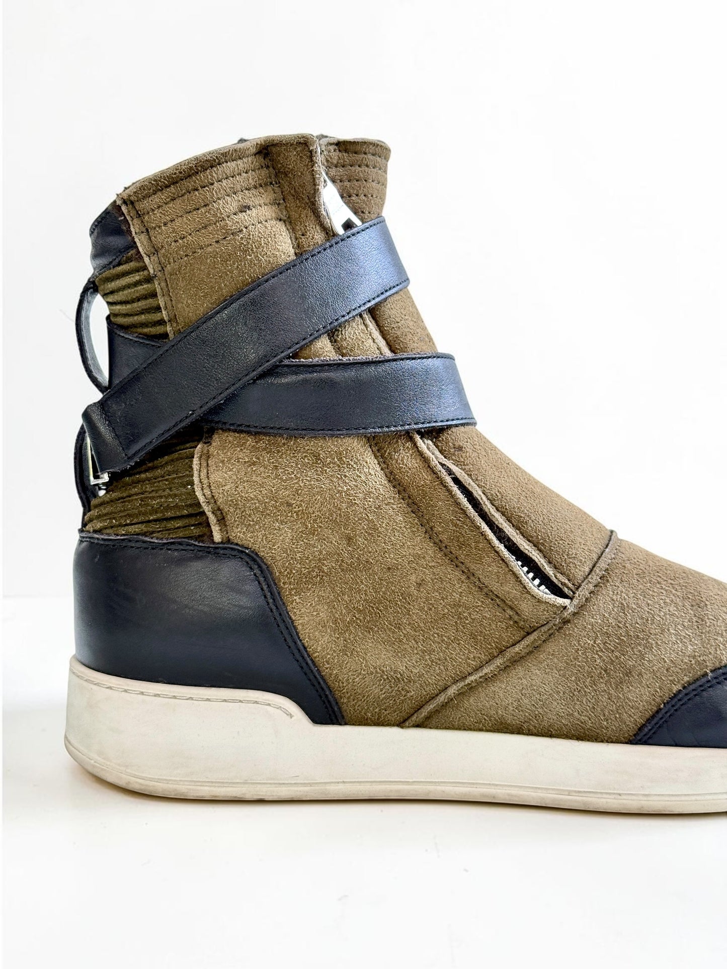Balmain Shearling/Leather Strap High-Tops Olive (44)