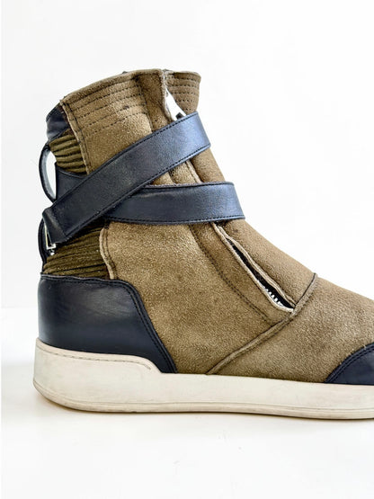 Balmain Shearling/Leather Strap High-Tops Olive (44)