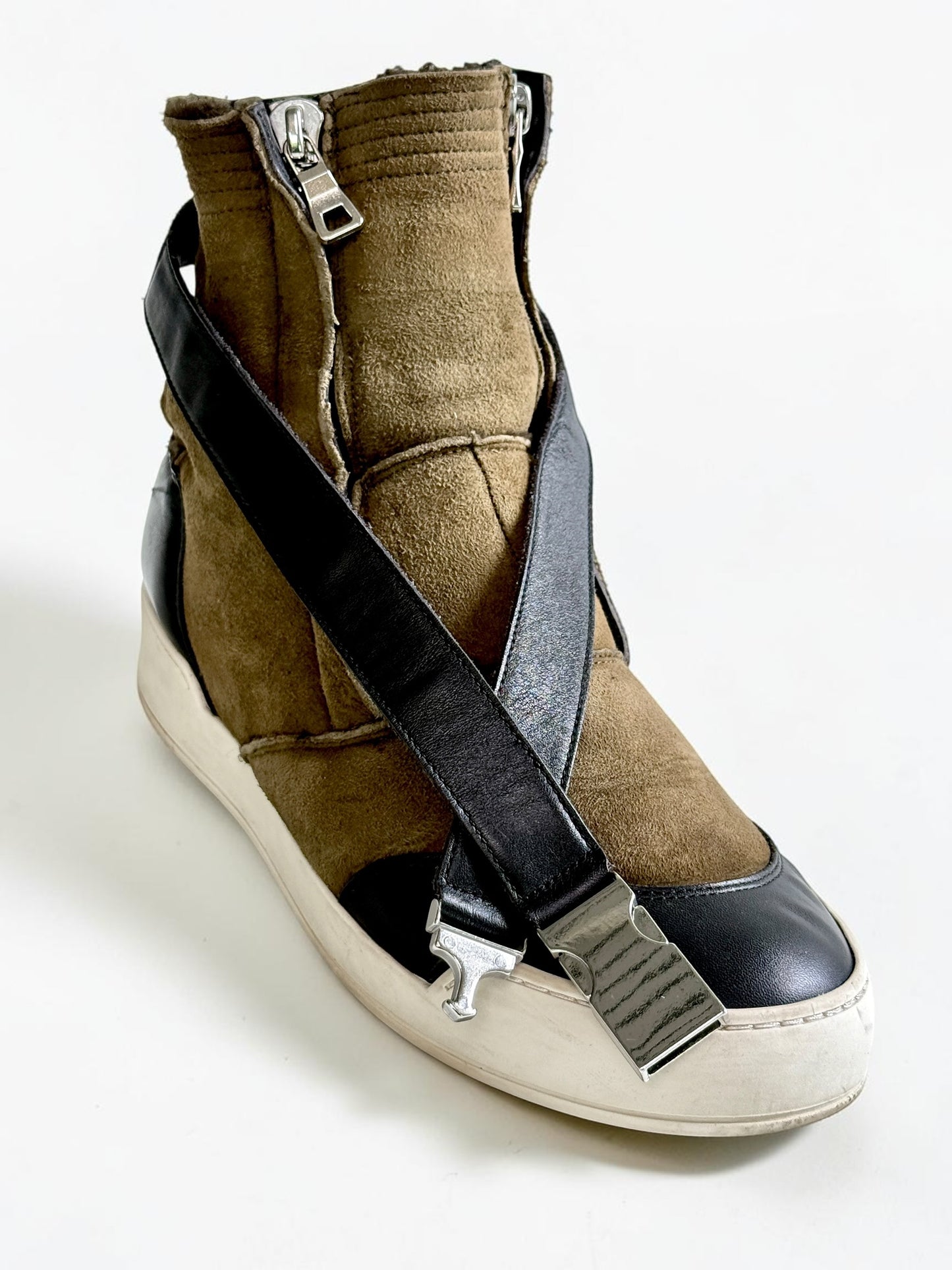 Balmain Shearling/Leather Strap High-Tops Olive (44)