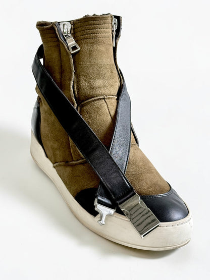 Balmain Shearling/Leather Strap High-Tops Olive (44)