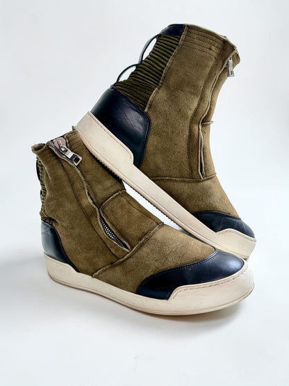 Balmain Shearling/Leather Strap High-Tops Olive (44)