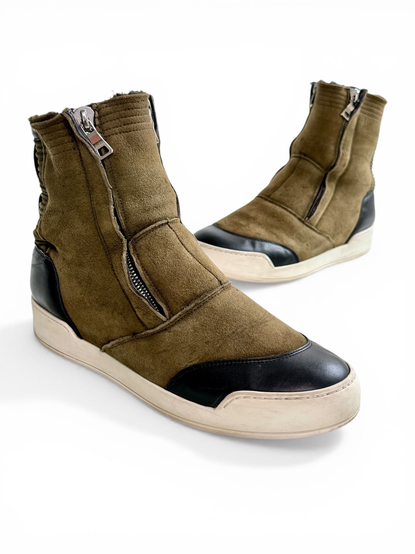 Balmain Shearling/Leather Strap High-Tops Olive (44)