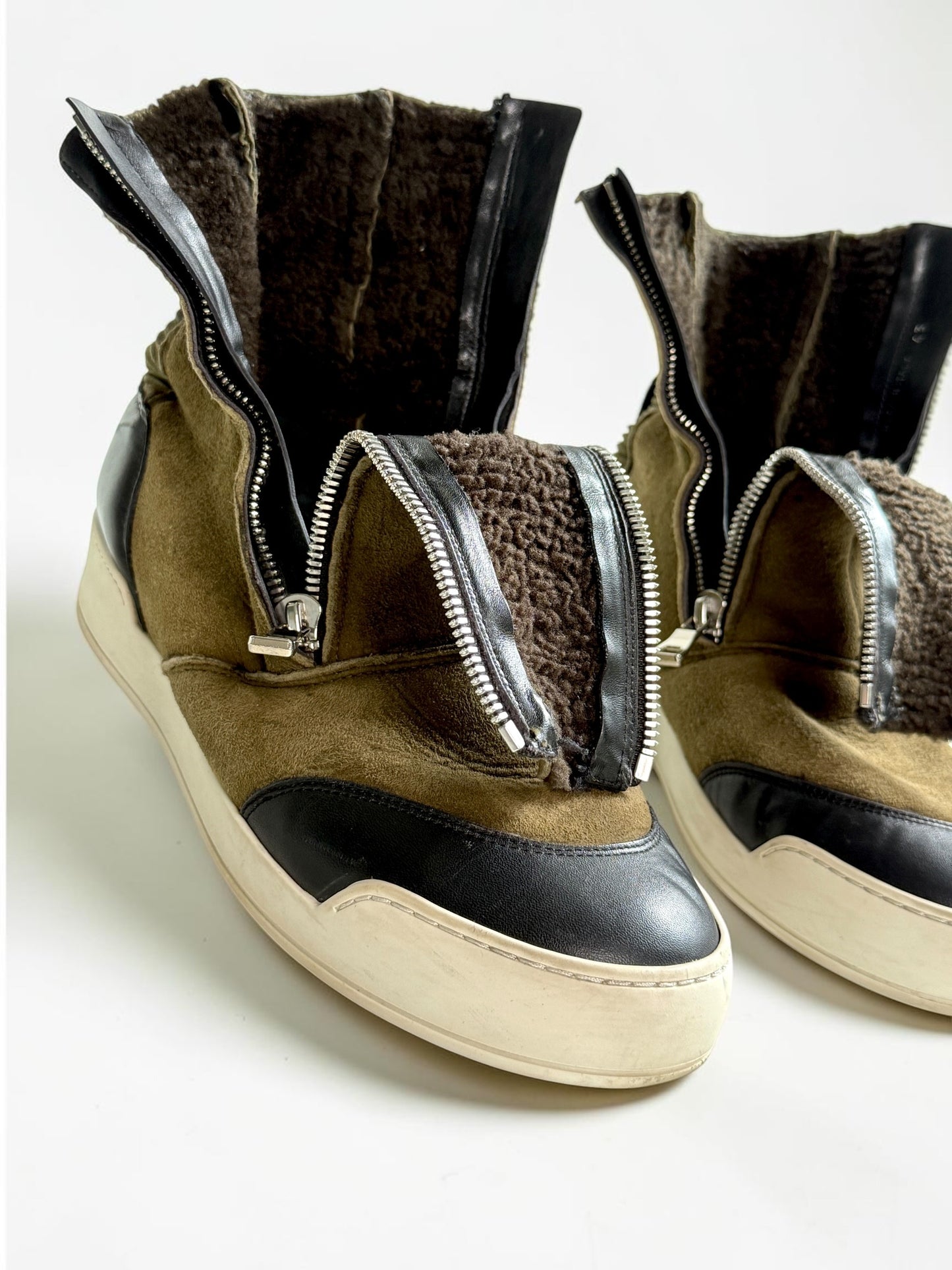 Balmain Shearling/Leather Strap High-Tops Olive (44)