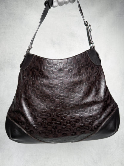 Gucci Horsebit Embossed Leather Hobo Bag Dark Brown