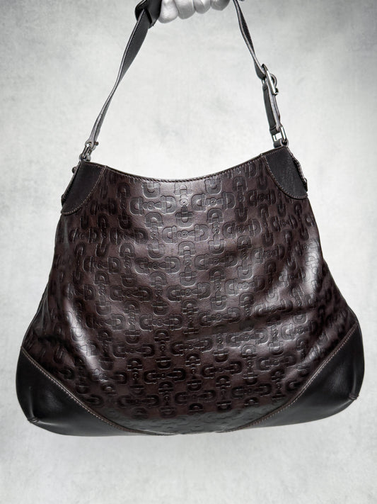 Gucci Horsebit Embossed Leather Hobo Bag Dark Brown