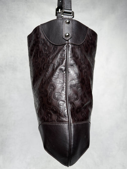 Gucci Horsebit Embossed Leather Hobo Bag Dark Brown