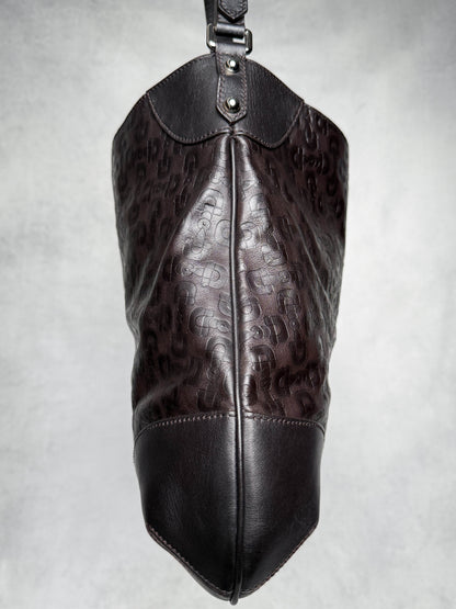 Gucci Horsebit Embossed Leather Hobo Bag Dark Brown