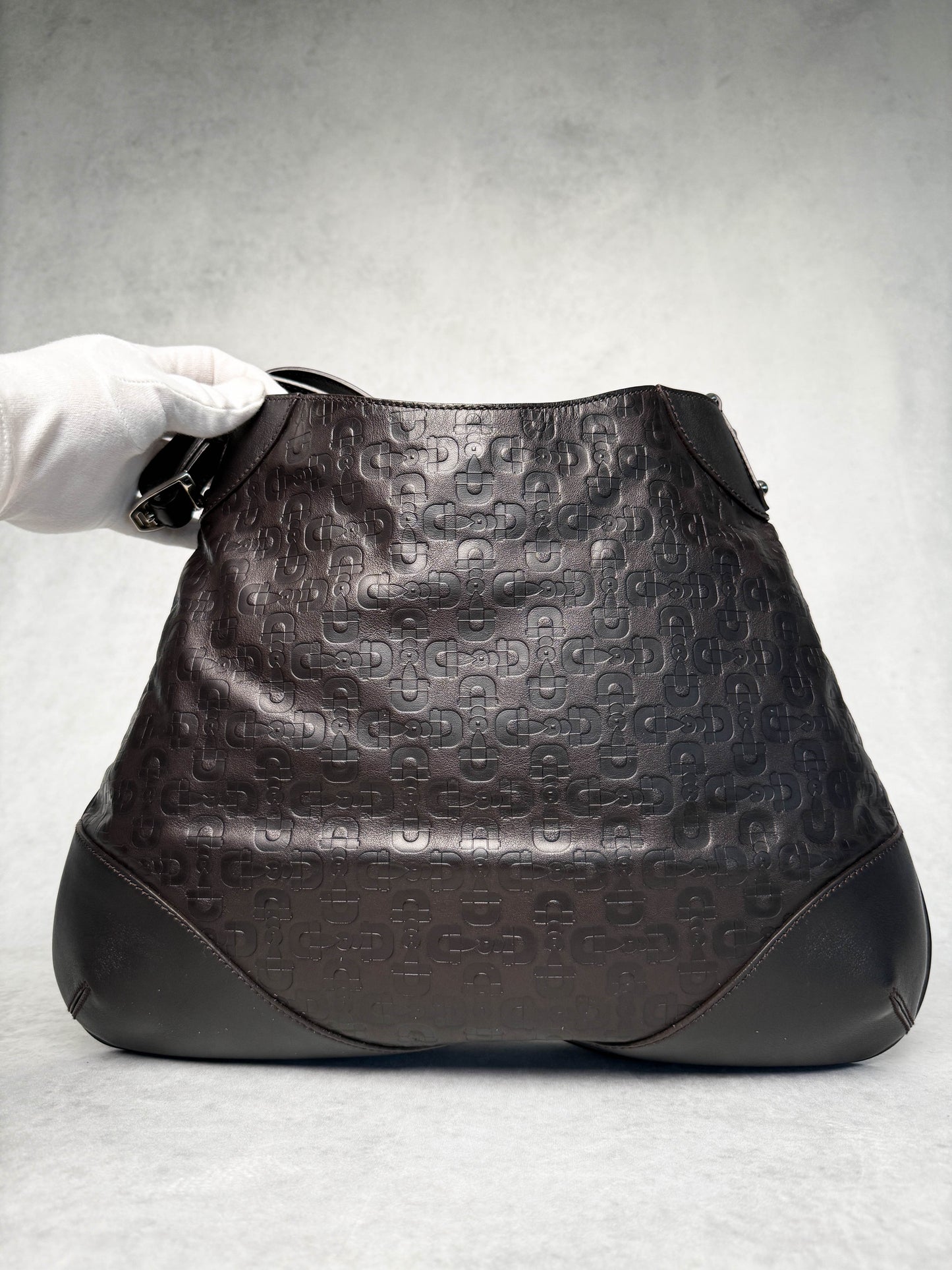 Gucci Horsebit Embossed Leather Hobo Bag Dark Brown