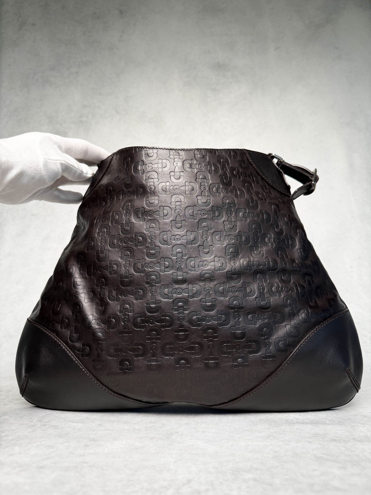 Gucci Horsebit Embossed Leather Hobo Bag Dark Brown