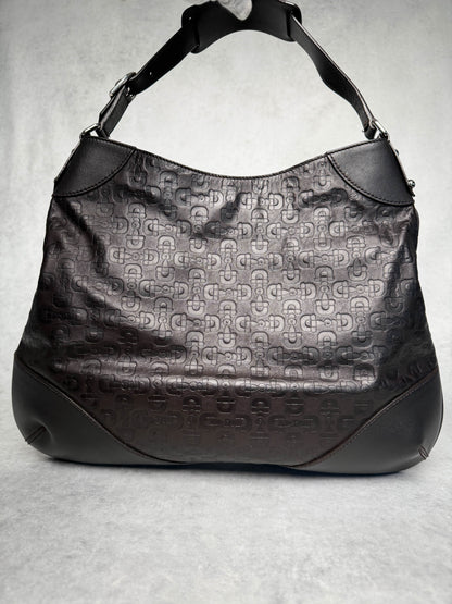 Gucci Horsebit Embossed Leather Hobo Bag Dark Brown