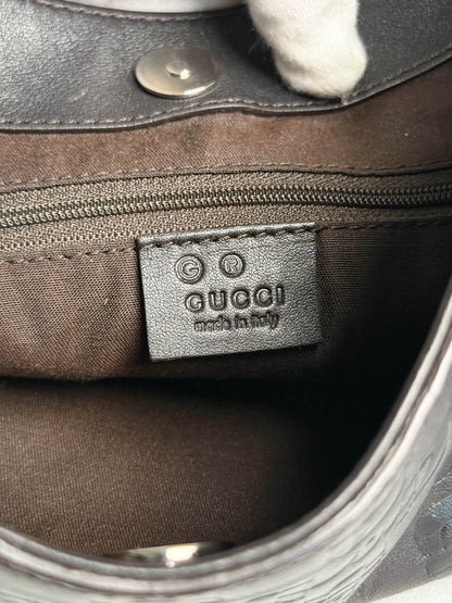 Gucci Horsebit Embossed Leather Hobo Bag Dark Brown